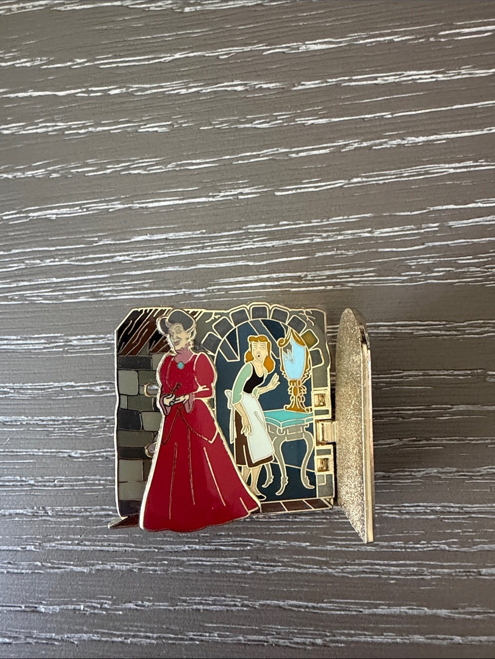Enamel Storybook Pin - Red Gown & Blue Mirror Scene